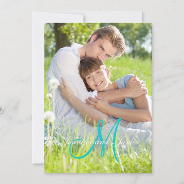Gröna Teal Monogram Namn Enkla Foto Bröllop Inbjudningar (Framsida)