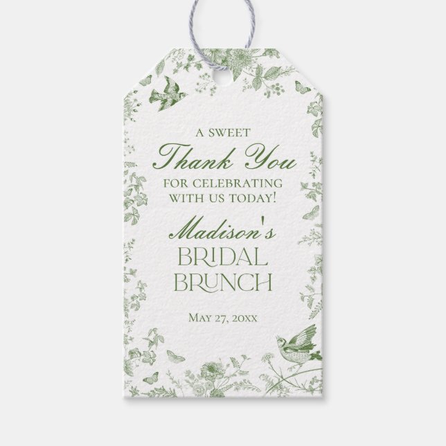 Gröna Toile De Jouy Blommiga Bröllopsbrunchgåvor Presentetikett (Framsidan)