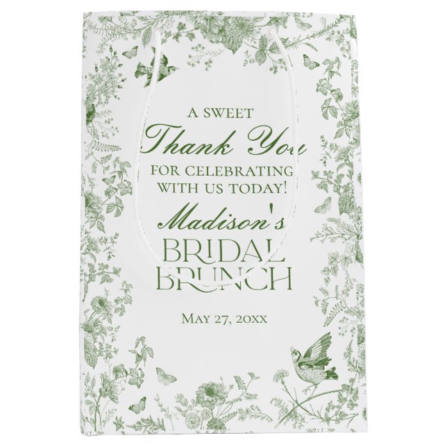Gröna Toile De Jouy Blommiga Bröllopsbrunchpresent (Framsidan)