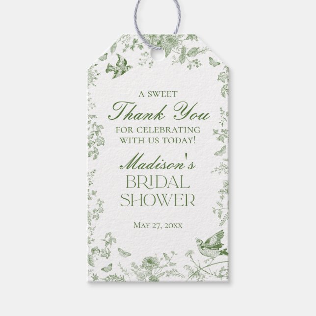 Gröna Toile De Jouy Blommiga Bröllopspresenter Presentetikett (Framsidan)