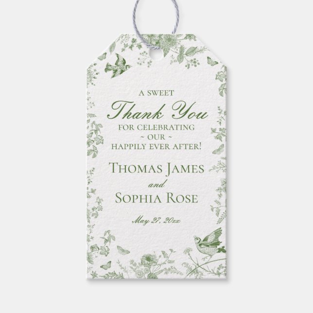 Gröna Toile De Jouy Blommiga Bröllopspresenter Presentetikett (Framsidan)