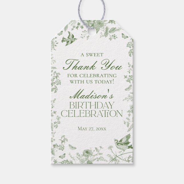 Gröna Toile De Jouy Blommiga Födelsedagspresenter Presentetikett (Framsidan)