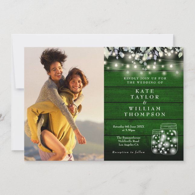 Gröna trädsnurslyktor blomsterfotografi bröllop inbjudningar (Framsida)