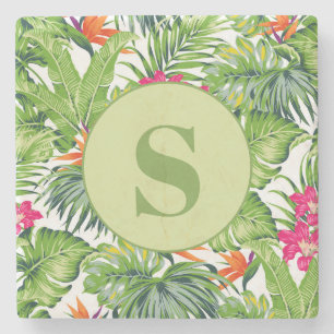 Gröna Tropiska Blad Rosa Blommig Monogram Stenunderlägg