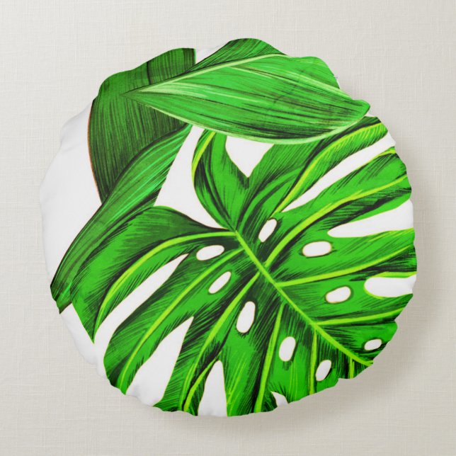 Gröna Tropiska Blad Sommar Hem Dekor Rund Kudde (Baksidan)