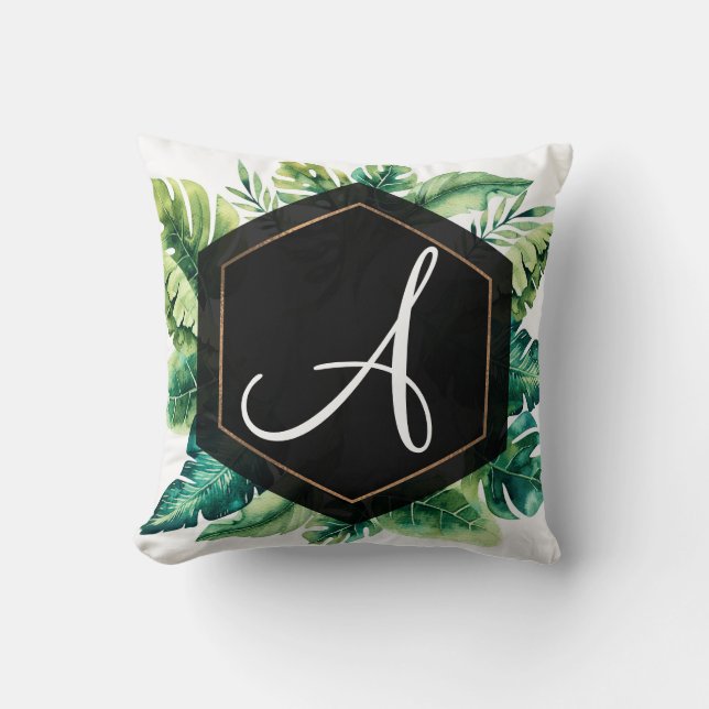 Gröna tropiska blad Svart elegant chic sommar Kudde (Framsida)