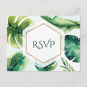 Gröna tropiska blad Vita Elegant Bröllop RSVP Inbjudan Vykort