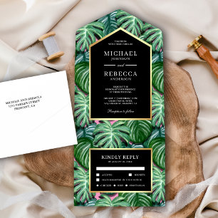 Gröna Tropiska Monstera Blad Svart Guld Bröllop