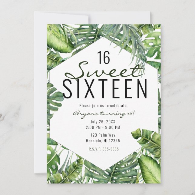 Gröna tropiska palmlövar sommar ö Sweet 16 Inbjudningar (Framsida)