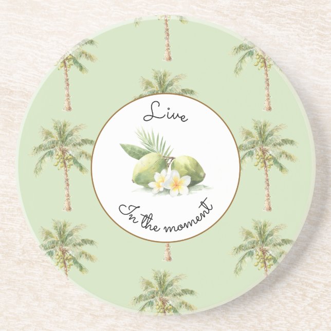 Gröna Tropiska Palmträd Plumeria Blommor Limefrukt Underlägg (Framsidan)