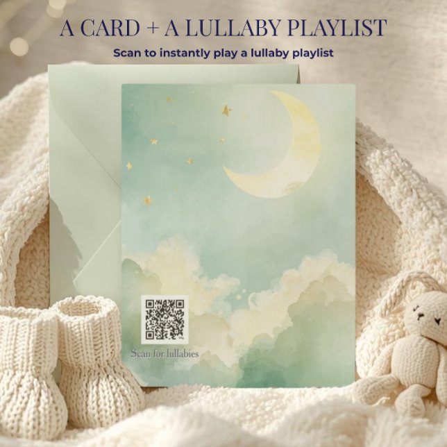 Gröna Vattenfärg Moln Måne QR Vaggvisor Kort (Modern green moon nursery card with an interactive QR code linking to a dreamy Spotify playlist.)