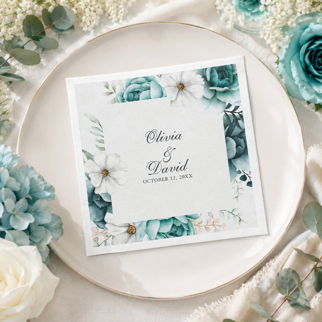 Gröna vildblomma bröllopservetter pappersservett (Teal Wildflower Wedding Napkins)