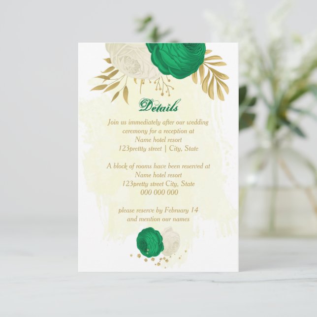 gröna vita blommor guld botaniska bröllopsdetaljer tilläggskort (Stående Fram)