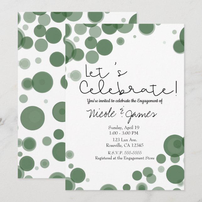 Gröna & Vita Prickiga Bubblor Låt Oss Fira Inbjudningar (Fram/baksida)