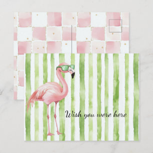 Gröna vita ränder Rosa Flamingo Strand Vykort