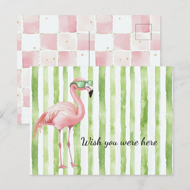 Gröna vita ränder Rosa Flamingo Strand   Vykort (Fram/baksida)