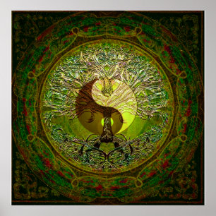 Gröna Yin Yang med livets träd Poster