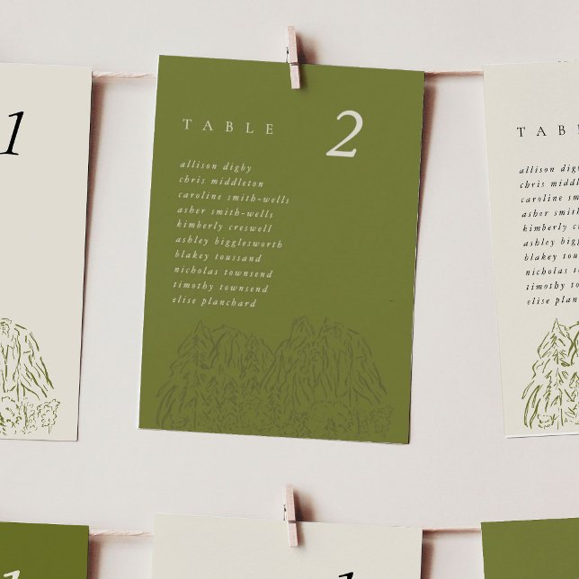 Gröna Yosemite National Park Bröllopsbordskort (Earthy Moss Green Yosemite National Park Mountain Range 5x7" Seating Chart Wedding Table Cards)