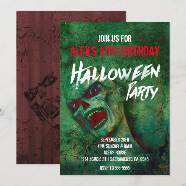 Gröna Zombie Halloweenfest Inbjudningar (Fram/baksida)