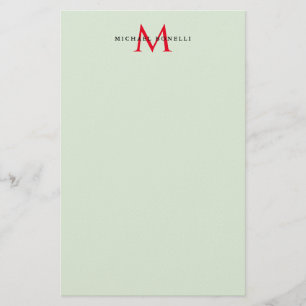 Grönaktig Grå & Röd Monogram Modern Minimalism Brevpapper