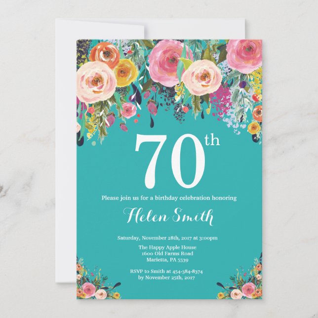 Grönblå Blommig 70-års födelsedagsinbjudan Inbjudningar (Framsida)