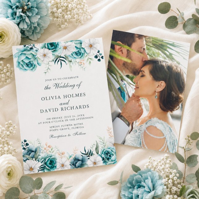 Grönblå Blommig Anpassad Foto Botanisk Bröllopsinb Inbjudningar (Teal Floral Custom Photo Botanical Wedding Invite)