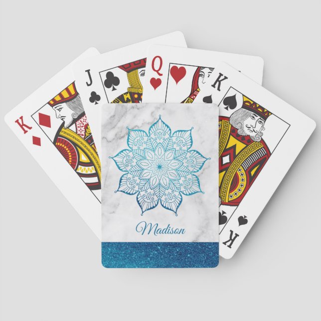 Grönblå Falsk Glitter Mandala på Vit Marmor Casinokort (Baksidan)