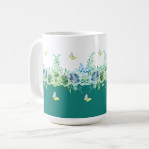Grönblå Fjärilar Blommig Mugg