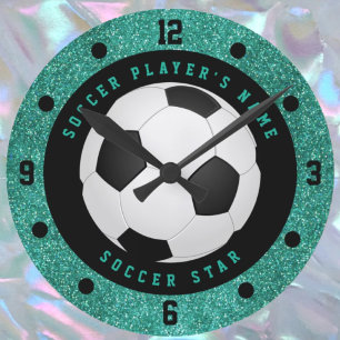 Grönblå glitterfotboll för pojkar  rund klocka