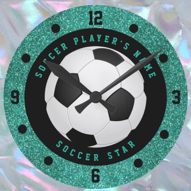 Grönblå glitterfotboll för pojkar  rund klocka (Skapare uppladdad)