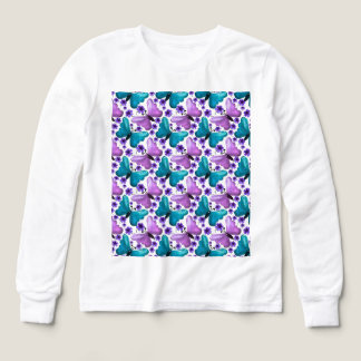 Grönblå och lila fjärilblommig mönster t shirt