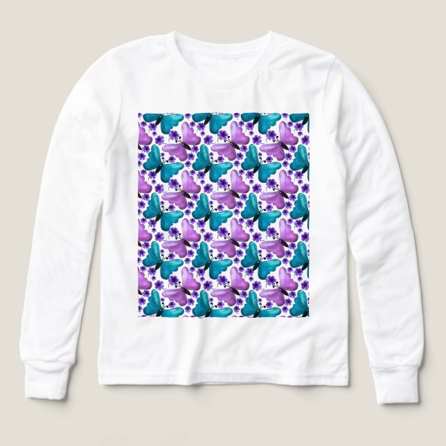 Grönblå och lila fjärilblommig mönster t shirt (Design framsida)
