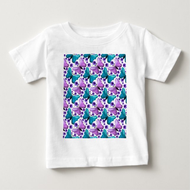 Grönblå och lila fjärilsblommig mönster t shirt (Framsida)