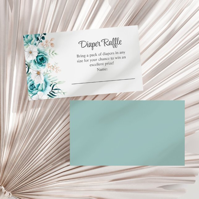 Grönblå och off-white vildblommor blöjlotteri tilläggskort (Teal and Off-White Wildflowers Diaper Raffle Enclosure Card on a white dry palm leaf.)