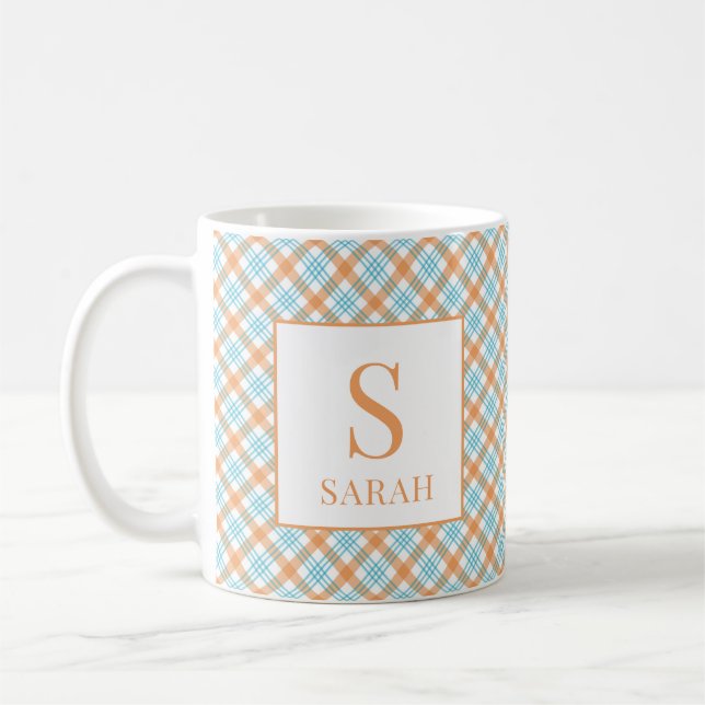 Grönblå och orange rutig monogramnamn kaffemugg (Vänster)