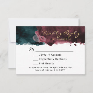Grönblå och vinröd akvarell QR-kod RSVP OSA Kort