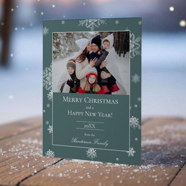 Grönblå Platta Julkort med Snöflingor Foto Templat (Teal Modern Snowflakes Holiday Photo Card)
