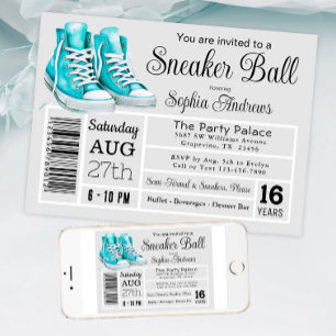 Grönblå Sneaker Ball Födelsedagsfest Skor Etikett Inbjudningar