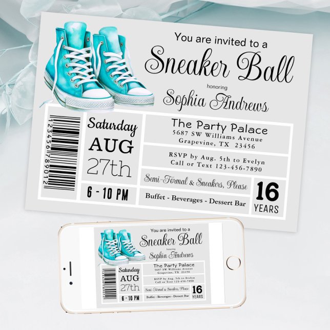 Grönblå Sneaker Ball Födelsedagsfest Skor Etikett Inbjudningar (Teal sneaker ball invitation shoe label style. Available for instant download and print.)