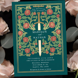Grönblå Svärd Blommig Medeltida Fantasy Bröllop Inbjudningar