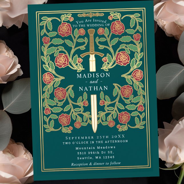 Grönblå Svärd Blommig Medeltida Fantasy Bröllop  Inbjudningar (Skapare uppladdad)