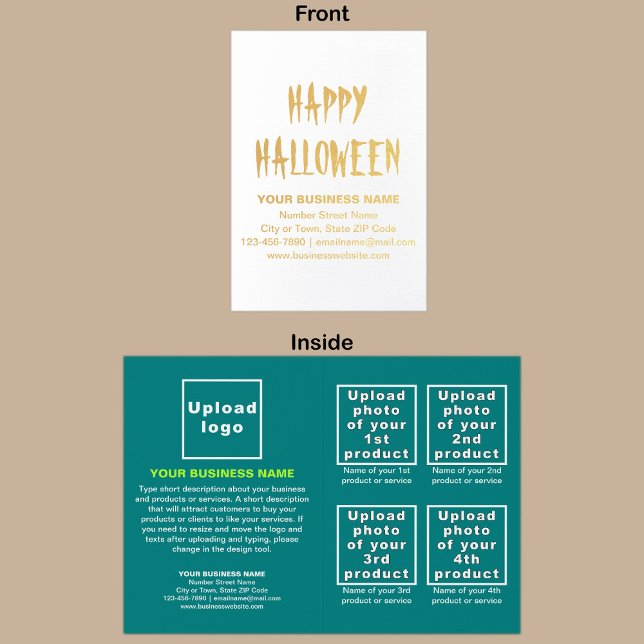 Grönblått affärsmärke på Halloween-folie kort (Teal green business brand with products or services on Halloween folded foil card.)
