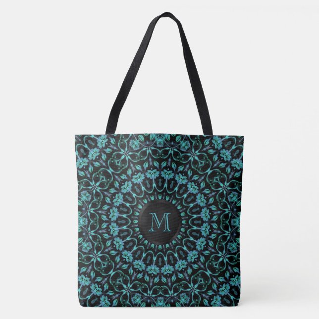 Grönblommig Mandala-monogram Tygkasse (Framsida)