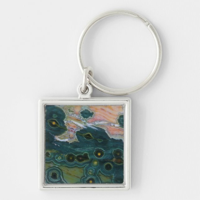 Grönfläckig Ocean Jasper Fyrkantig Silverfärgad Nyckelring (Framsidan)