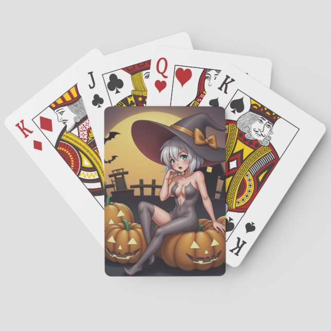 Grönögd Halloween-häxa på Jack-O-Lanterns Casinokort (Baksidan)