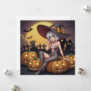 Grönögd Halloween-häxa på Jack-O-Lanterns Julkort