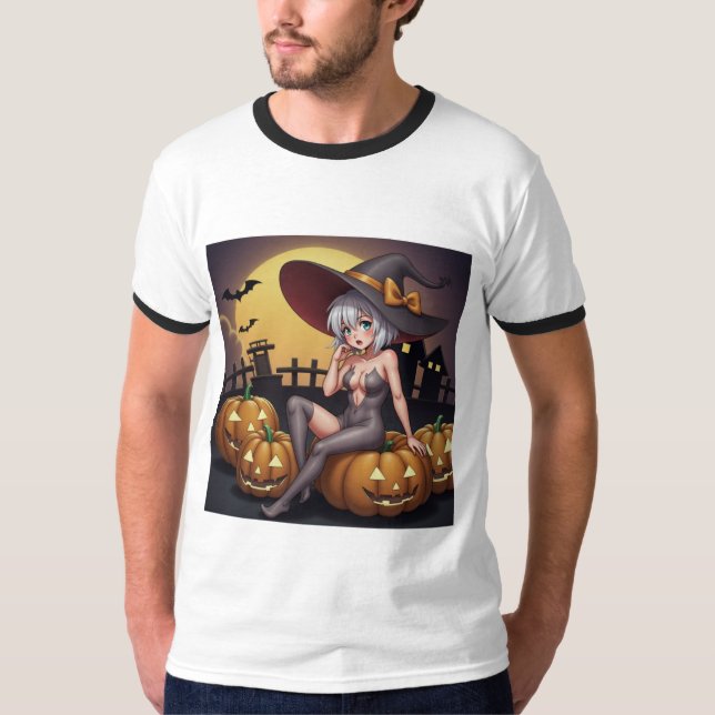 Grönögd Halloweenhäxa på Jack-O-Lyktan T Shirt (Framsida)