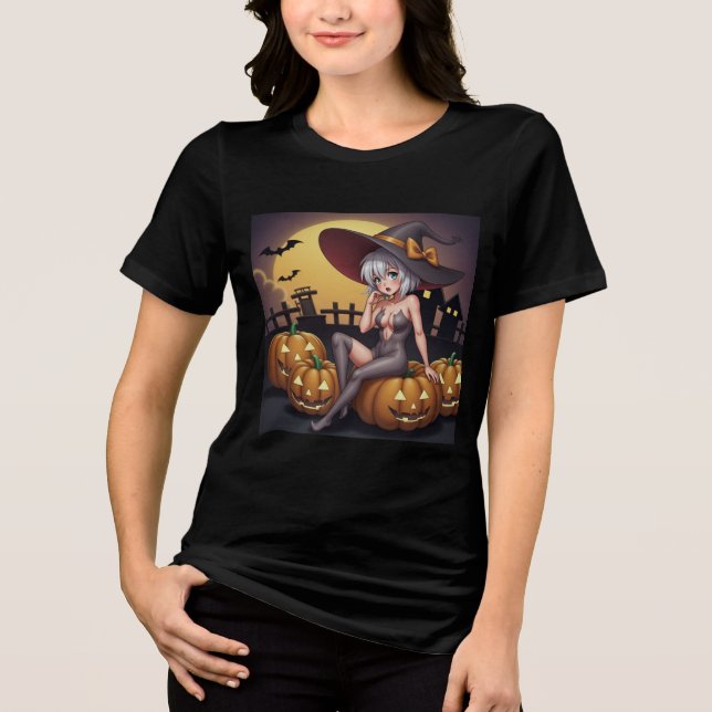 Grönögd Halloweenhäxa på Jack-O-Lyktan T Shirt (Framsida)
