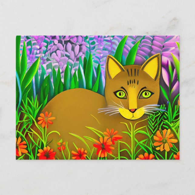 Grönögd katt i en blomsterträdgård  vykort (Framsida)