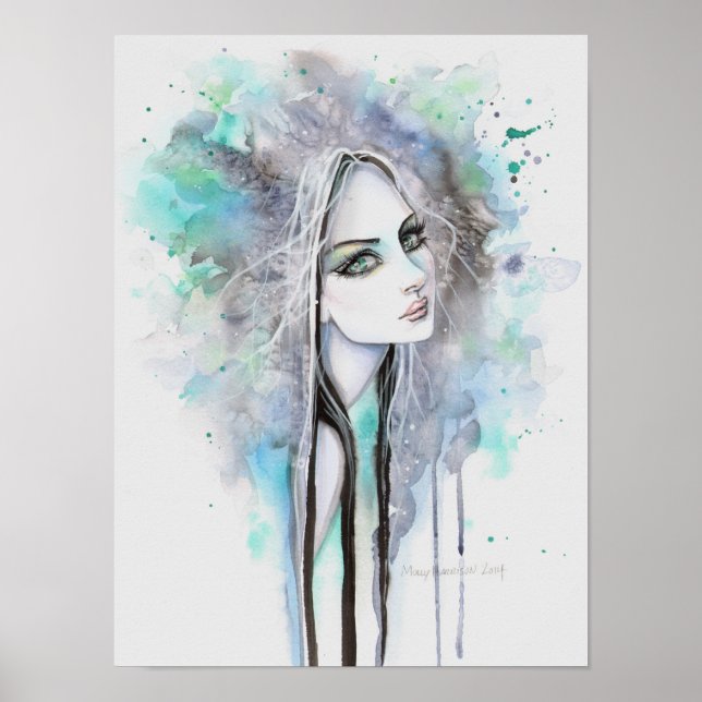 Grönögd spöke 12 x 16 abstrakt fantasiporträtt poster (Framsidan)